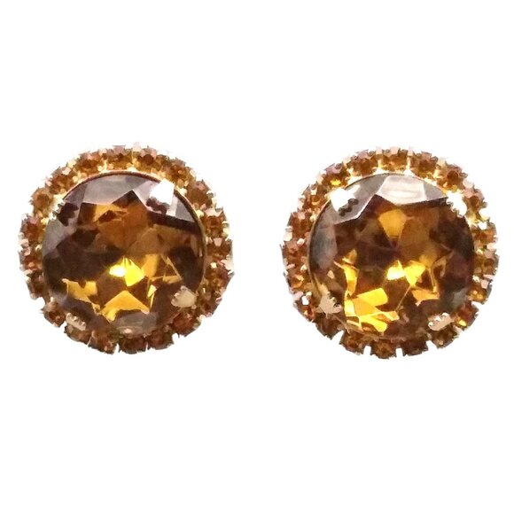 Jewelry - Vintage Crystal Halo Sparkle Earrings, Clip On 1940s Glam, Faceted Topaz Colored